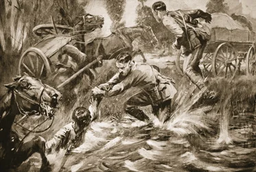 Temporary-Lieutenant G.G. Nanson rescuing a wounded driver under shell-fire